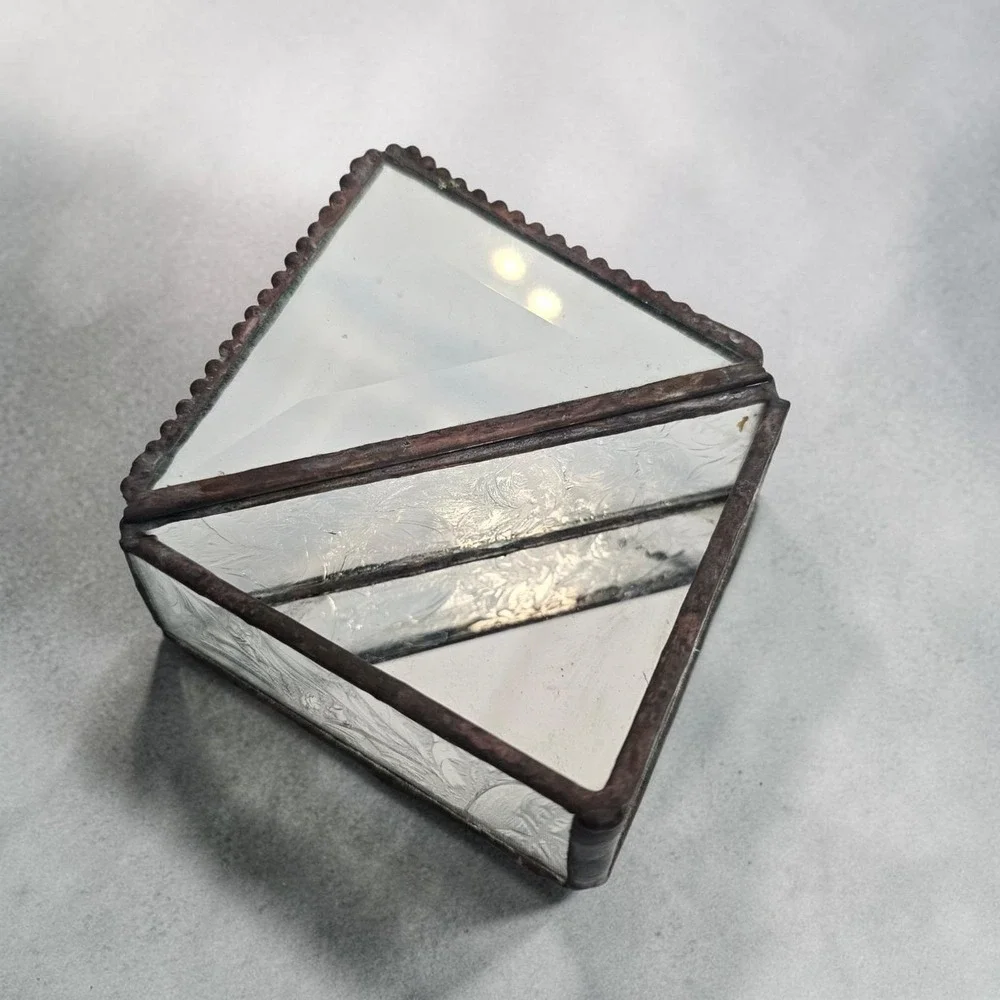Vintage Etched Clear Beveled Leaded Glass Jewelry Triangle Art Deco Box Trinket